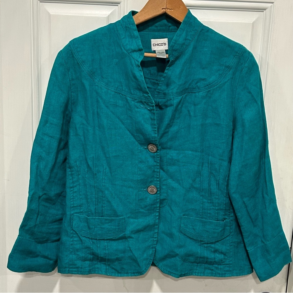 Chicos 100% Delave Linen Jade Green Button Down 3/4 Sleeve Jacket Coastal, Sz 1